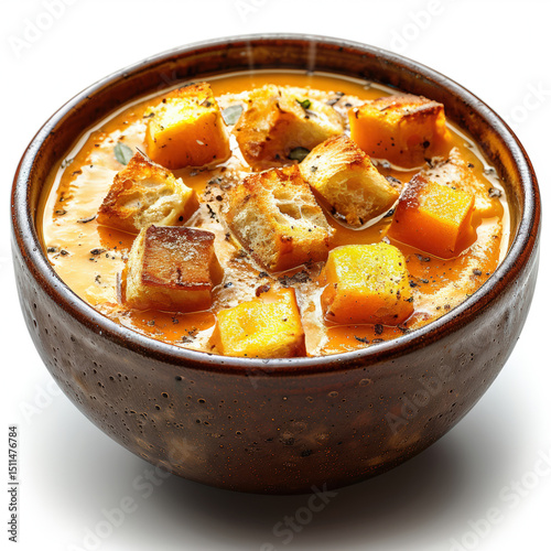 Creamy Pumpkin Soup with Toasted Croutons in Rustic Ceramic Bowls