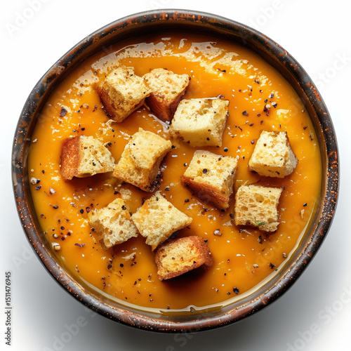 Creamy Pumpkin Soup with Toasted Croutons in Rustic Ceramic Bowls