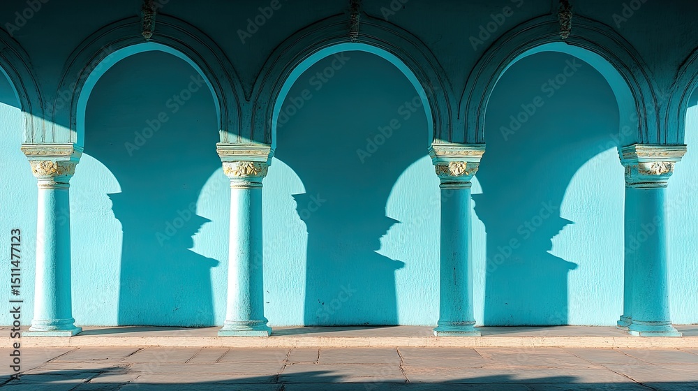 Fototapeta premium Blue arches with columns, and sunlight shadows.