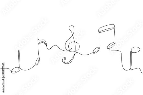 A minimalistic continuous one line drawing of various music notes and a treble clef, symbolizing musical creativity and rhythm in a simple yet elegant style. Vector illustration, Editable stroke