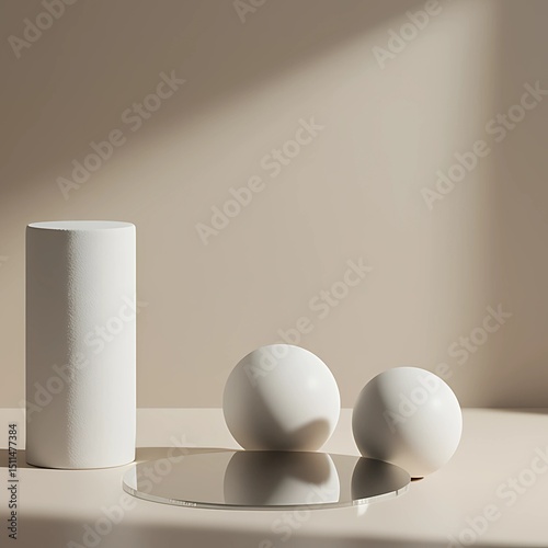 White Cylinder and Spheres on Reflective Discs - Minimalist Product Showcase - Elegant Still Life photo