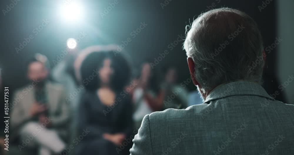 Press conference, speaker and person with motivation for crowd, talking ...