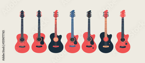 Collection of Seven Acoustic Guitars in Red and Black