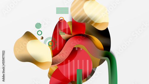 Abstract composition. Overlapping shapes, vibrant colors, dynamic forms create modern visual experience. Red dominates, complemented by gold, green.