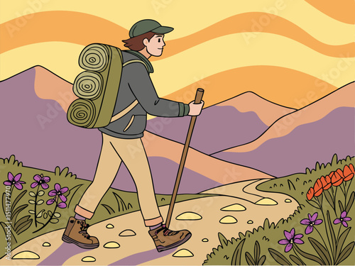 Happy Hikers Enjoying a Mountain Path at Sunrise.