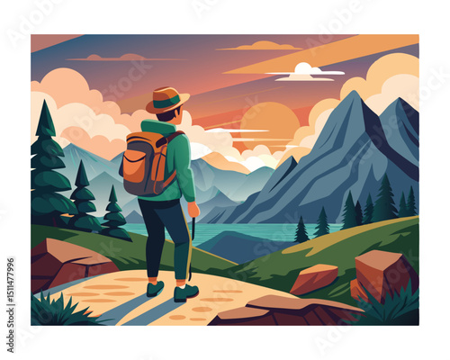 Hiker Contemplates Scenic Mountain Sunrise View.