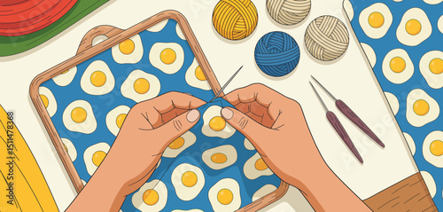 Hands Embroidery Sunny Side Up Eggs on Blue Fabric