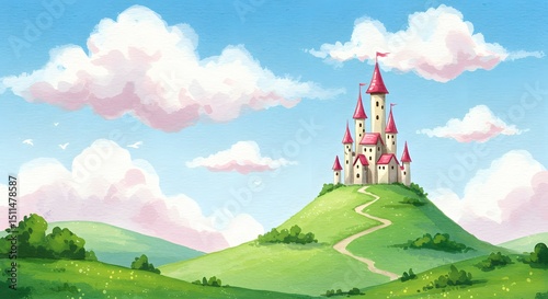 Enchanted Hilltop Castle A Fairytale Illustration of a Majestic Castle on a Rolling Green Hill Under a Dreamy Sky