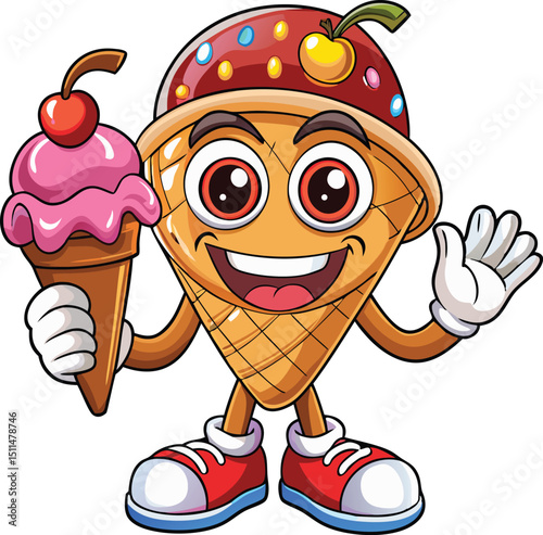 Retro Cartoon Ice Cream Cone Character Waving in Pastel Vintage Vector Style