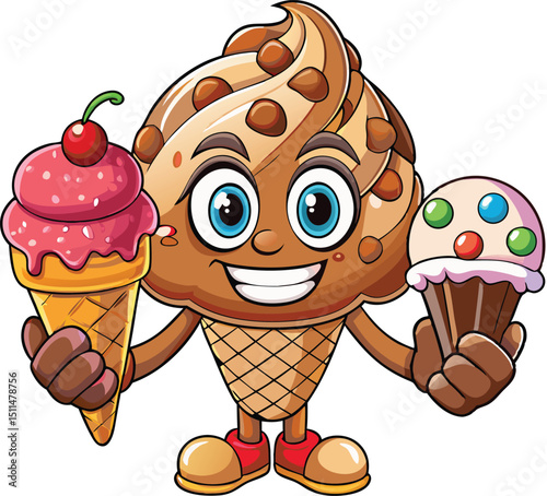Retro Cartoon Ice Cream Cone Character Waving in Pastel Vintage Vector Style