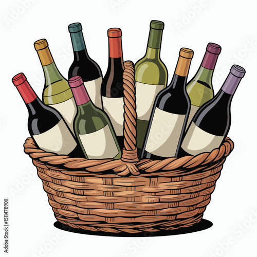 Assortment of Wine Bottles in a Woven Basket