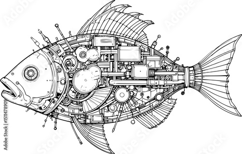Steampunk Mechanical Fish Line Art - High Tech Illustration