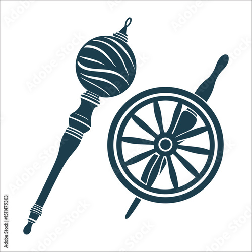 Distaff and Spindle Icon, Traditional Wool Spinning Tool