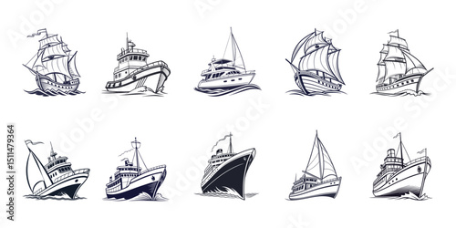 Vector silhouette design of a watercraft, white background,A set of vector-style illustrations of various ships and boats, including classic sailing ships with tall masts and full sails,
