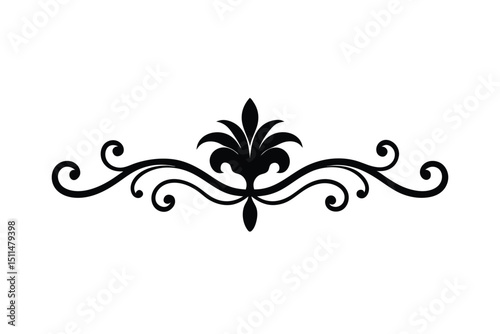 Elegant Black Damask Floral Ornament on White Background.