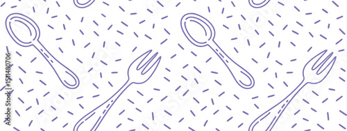 Minimal seamless pattern featuring spoon and fork in a fun sprinkle background. Ideal for kitchen food packaging, and culinary branding. Perfect for restaurants and food blogs.