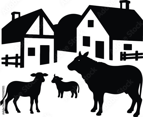 Silhouette of farm animals including cows and sheep with buildings in the background in black and white