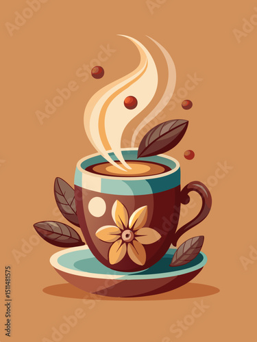 Steaming cup of coffee with floral design