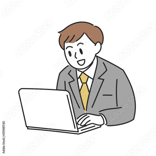 笑顔の男性がパソコン作業するイラスト