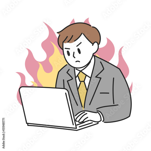 やる気に燃える男性のパソコン作業イラスト