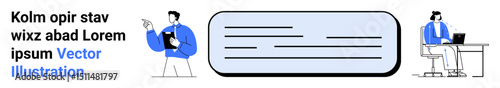 Colleague presenting data with clipboard to another at desk with laptop beside a text box. Ideal for teamwork, communication, office interaction, digital workspaces, remote work, business planning