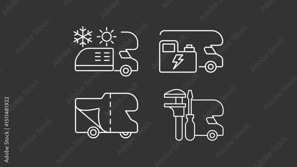 RV service animation set. Maintaining equipment of camper vans animated ...