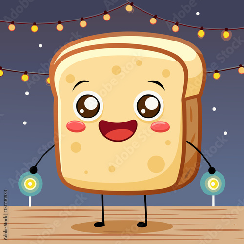 Happy bread character at night with string lights