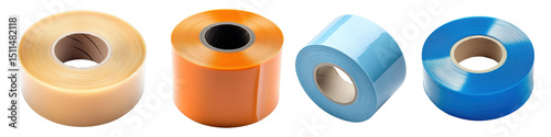 Set Rolls of blue, orange and brown adhesive tape isolated on transparent background.