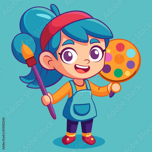 Cute cartoon girl artist with paintbrush and palette