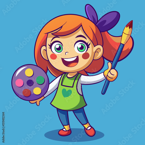 Happy little artist girl with paintbrush and palette