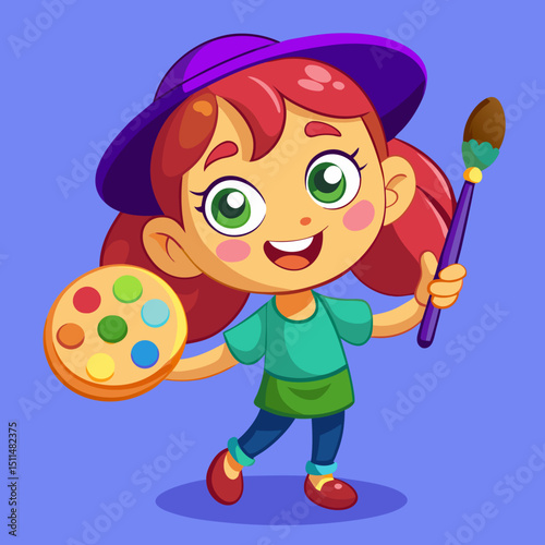 Happy little girl artist painting with brush and palette