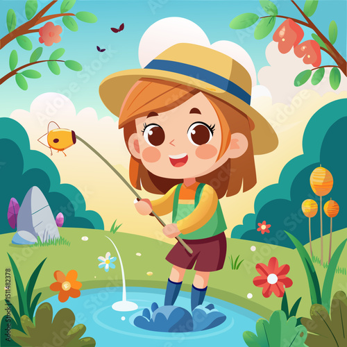 Happy little girl fishing in a summer pond