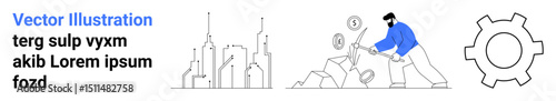 Man collecting coins from rocks, city buildings in the background, large gear representing technology, processes, and teamwork. Ideal for business, finance, innovation, startup technology