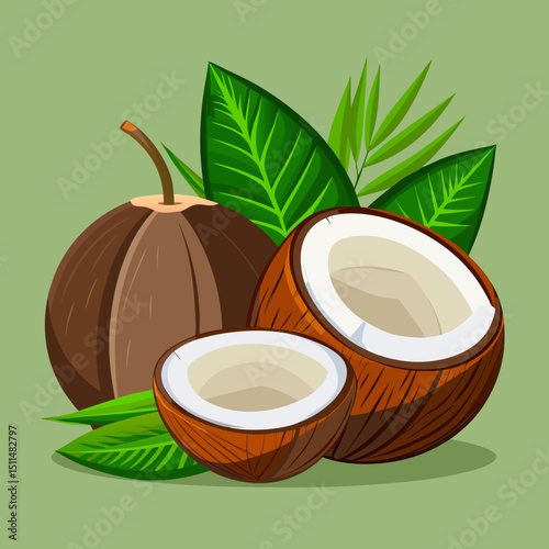 Whole coconut and two halves with tropical leaves