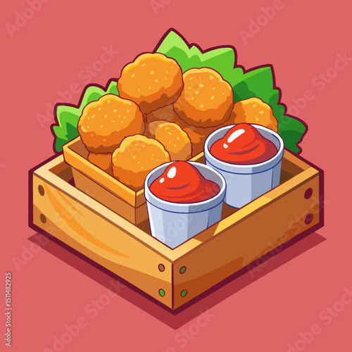 Crispy chicken nuggets with ketchup in wooden crate