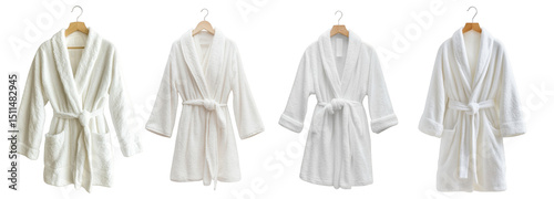 3D Bathrobe Mockup Set. Soft and fluffy white bathrobe hanging.