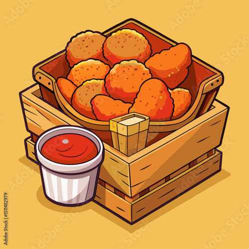 Crispy chicken nuggets in wooden crate with sauce