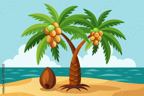 Tropical palm tree on sandy beach with coconuts