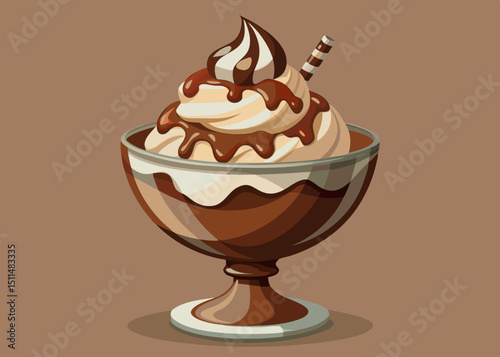 Delicious chocolate ice cream sundae in glass bowl