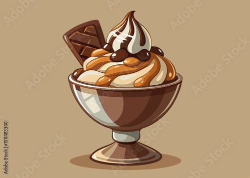 Delicious chocolate caramel ice cream sundae