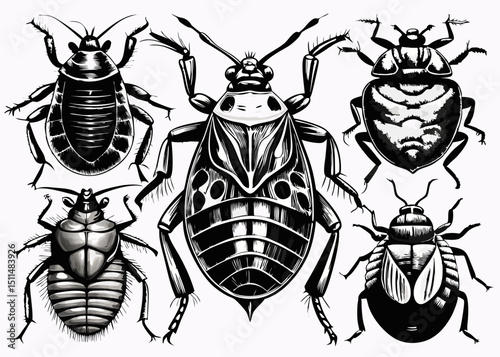 Five detailed black and white insect illustrations