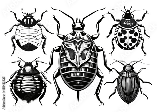Five detailed ink drawings of various bugs