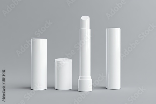 Three blank white lipstick tubes on a gray background