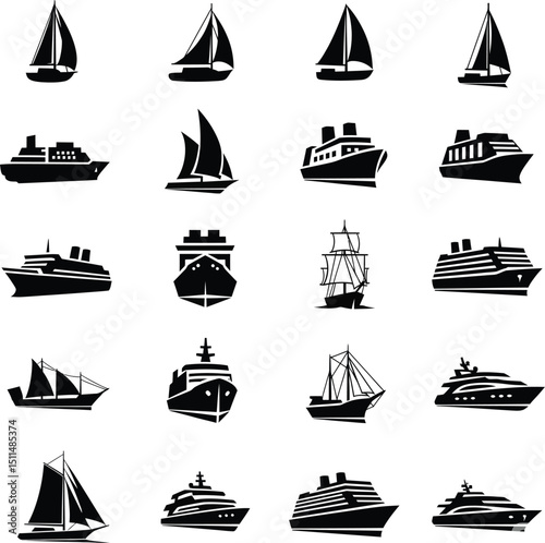 Collection of silhouetted sailboats cruise ships and vessels nautical icons for various uses