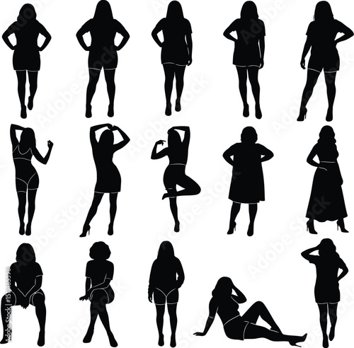 Silhouette collection depicting various poses and gestures of a diverse group of women
