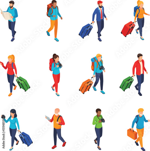 Isometric illustrations of diverse travelers with luggage backpacks and cameras exploring destinations