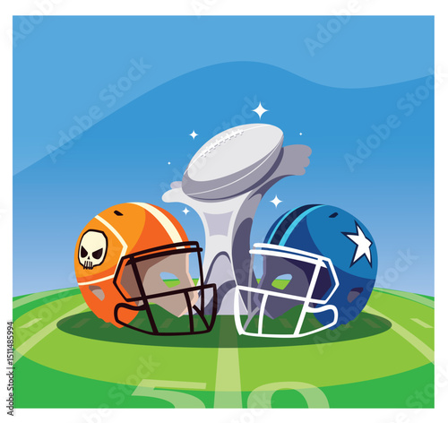 Vector Illustration: American Football Helmets and Championship Trophy on the Field