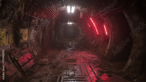 Eerie subterranean passage with dim lighting and crimson accents for mystery
