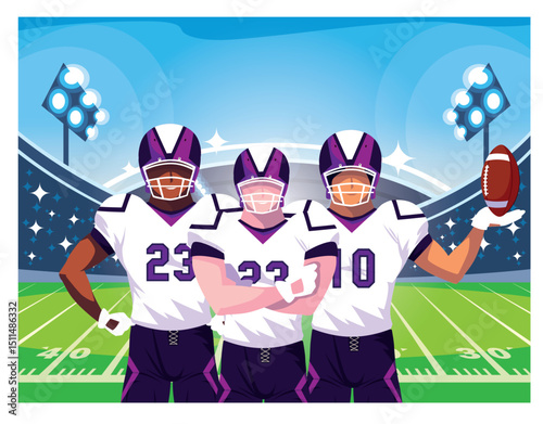 Vector illustration of three American football players in purple and white uniforms standing on a football field with a stadium backdrop