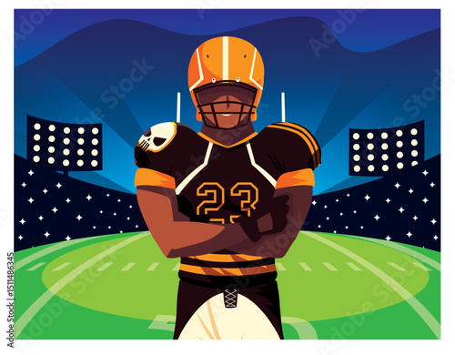 Vector illustration of an American football player standing confidently on the field in front of a stadium at night, wearing a helmet and jersey with arms crossed